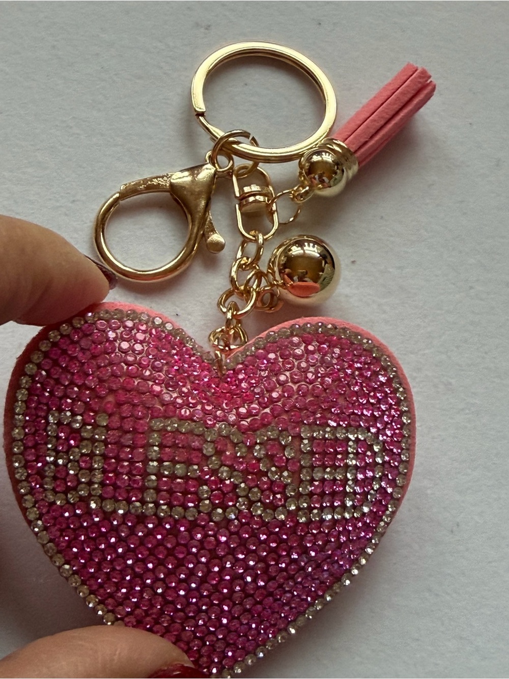 Pink Jeweled Heart Keychain with Tassel